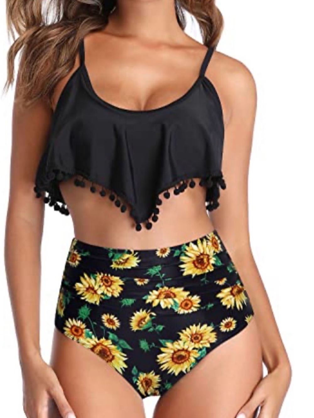 Floral High-Waist Black & Sunflower Bikini Set